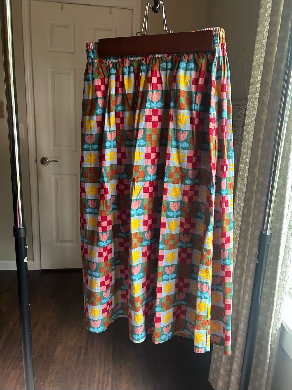 Lucy and Yak Vintage-Inspired Multicolor Patchwork Midi Skirt cotton
